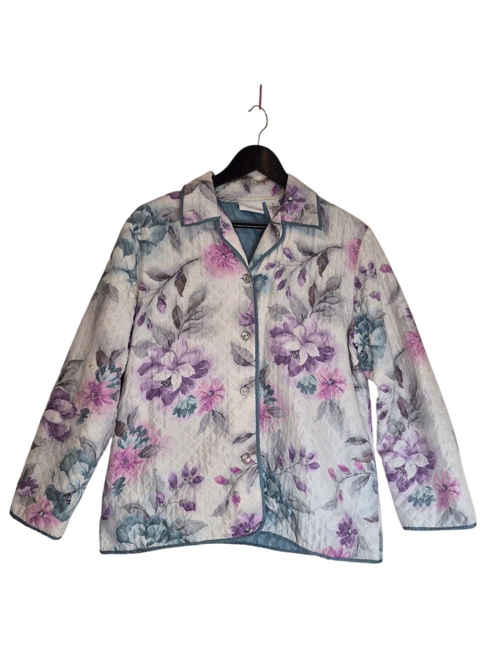 Alfred Dunner 100% Silk Quilted Floral Jacket Size 14 Purple Teal